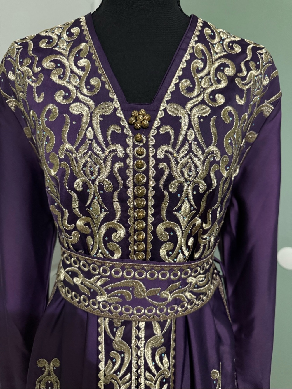 Embroidered Purple Long Sleeve Maxi Dress with Gold Accents - Picture 2 of 4